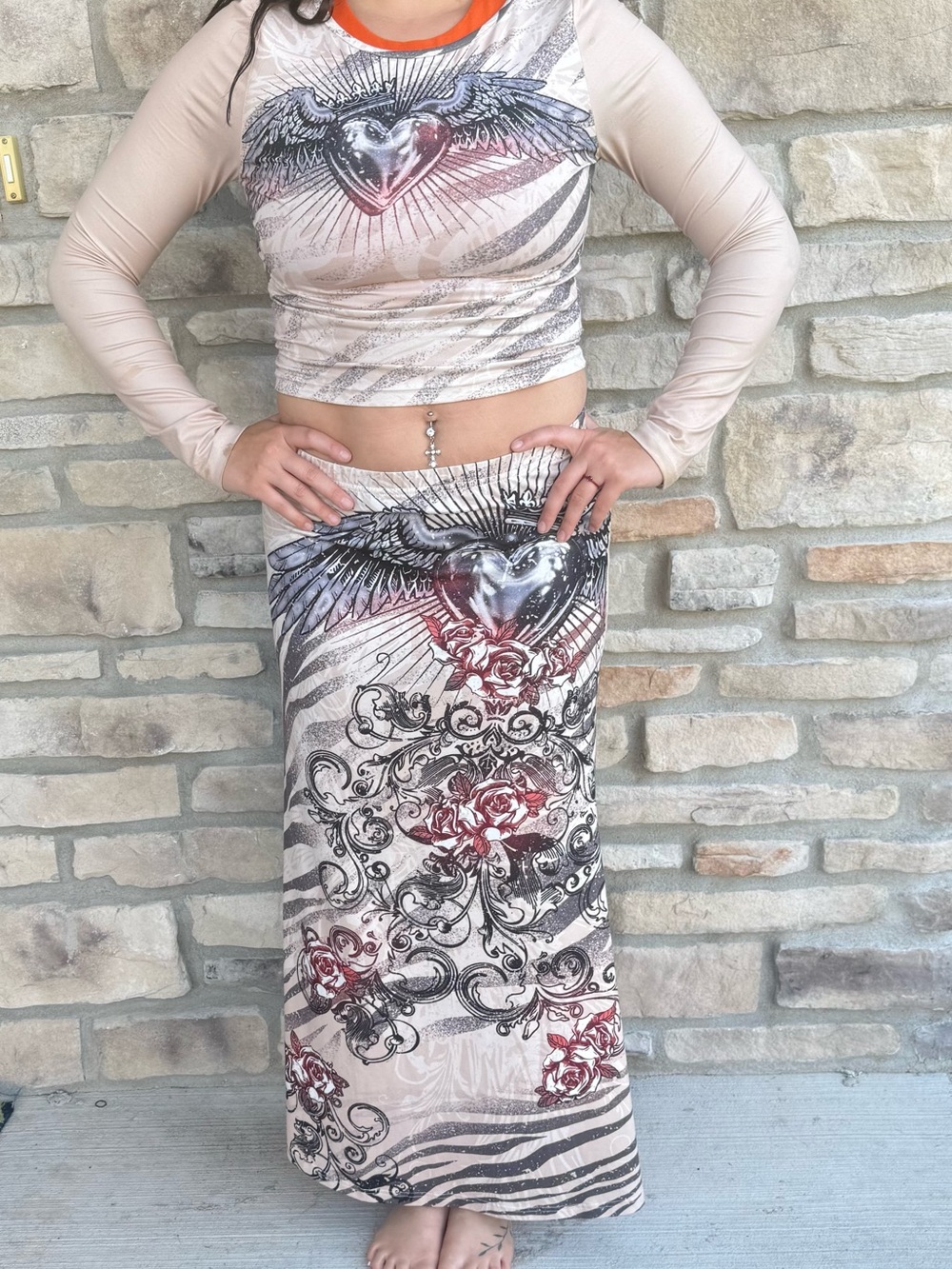 Beige Graphic Maxi Skirt with Heart & Floral Print